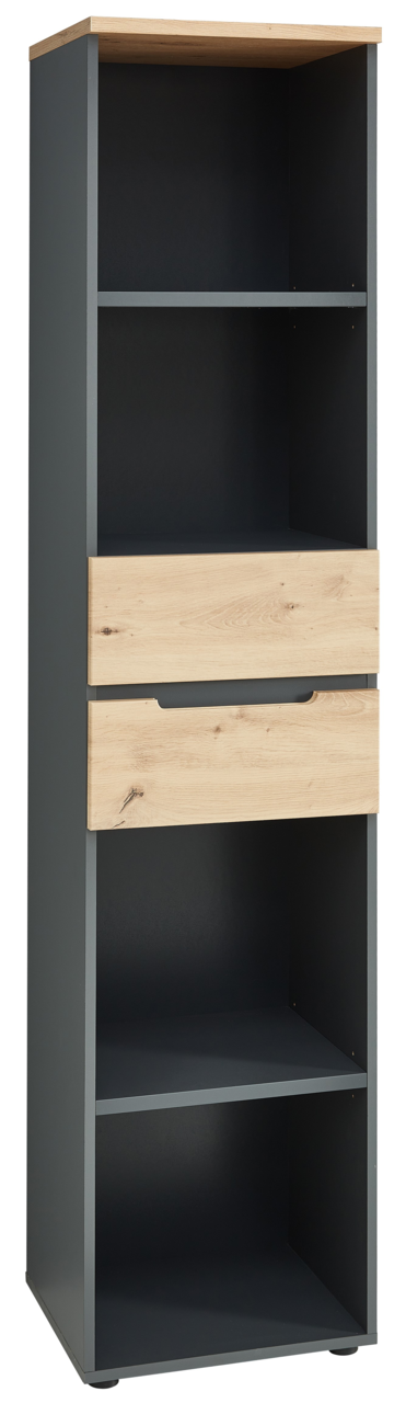 Voleo Regal schmal DETROIT Schmales Regal Voleo Detroit mit zwei offenen Fächern und zwei Schubladen in Holzoptik, frontal betrachtet.