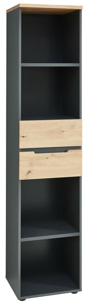 Schmales Regal Voleo Detroit mit zwei offenen Fächern und zwei Schubladen in Holzoptik, frontal betrachtet.