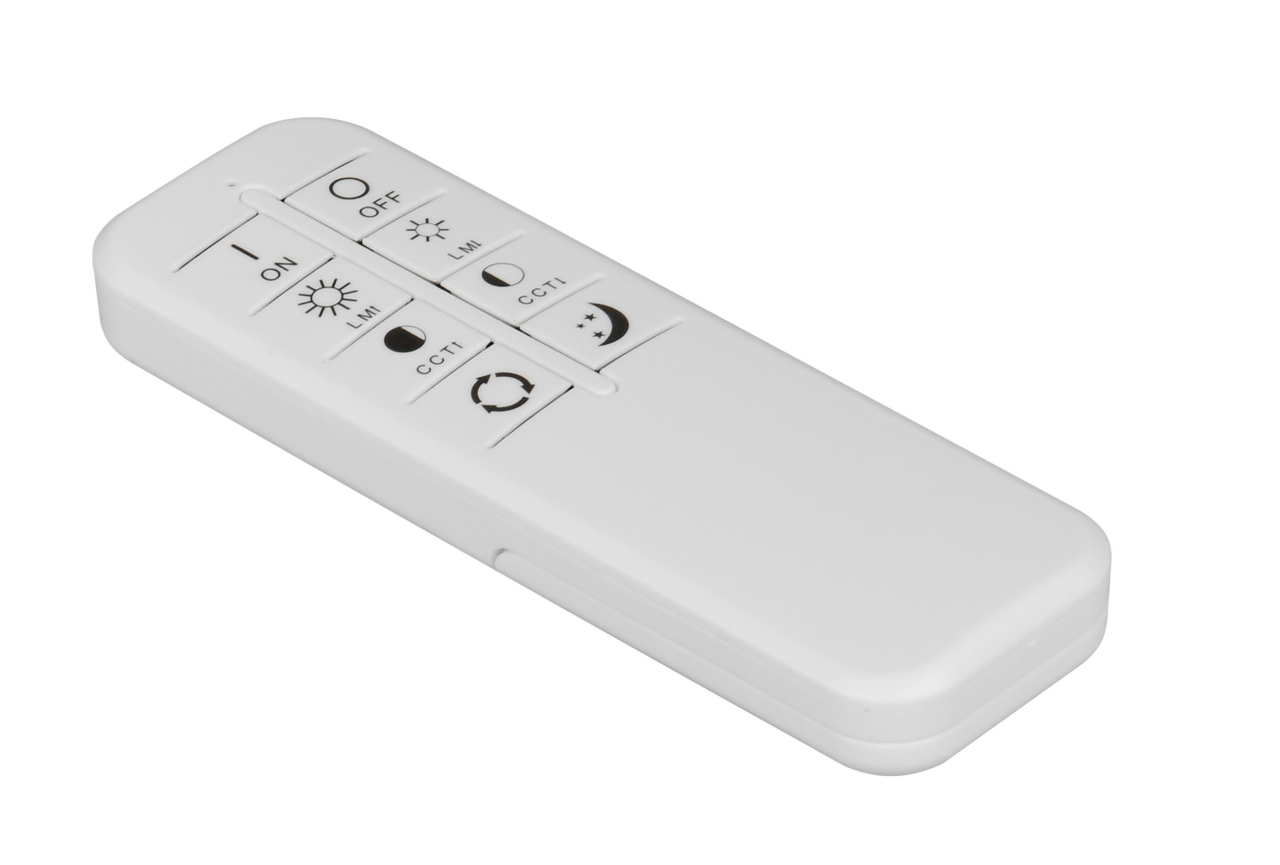 Weiße Fernbedienung für LED-Deckenleuchte, schräg von oben fotografiert