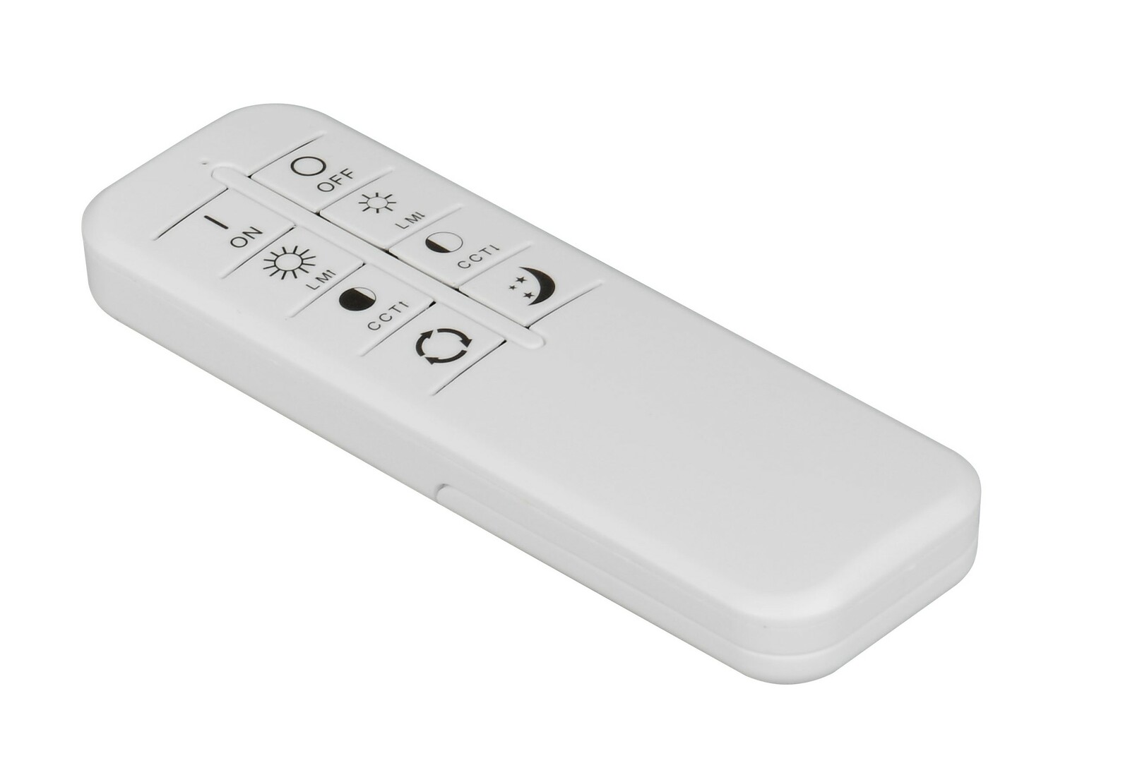 Weiße Fernbedienung für LED-Deckenleuchte, schräg von oben fotografiert
