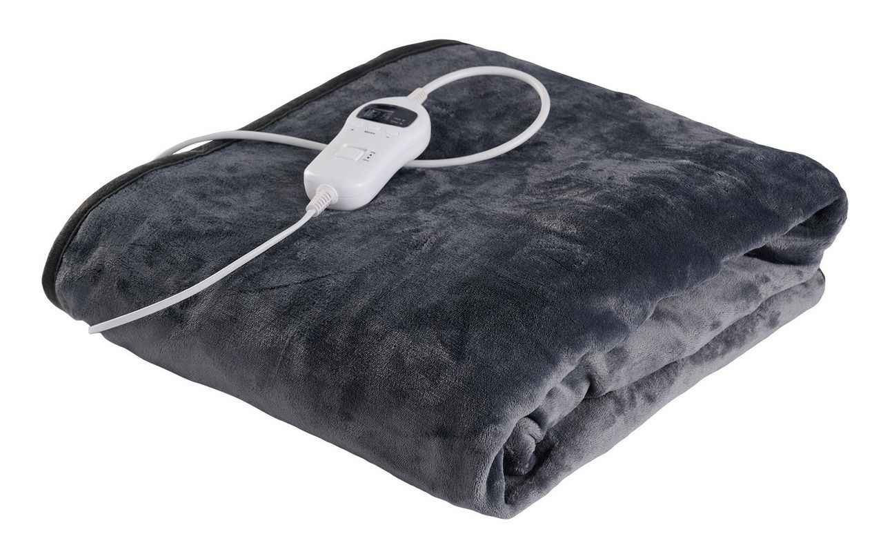 Day elektr. Wärmedecke Elektrische Wärmedecke in Dunkelgrau mit Steuergerät, seitliche Perspektive