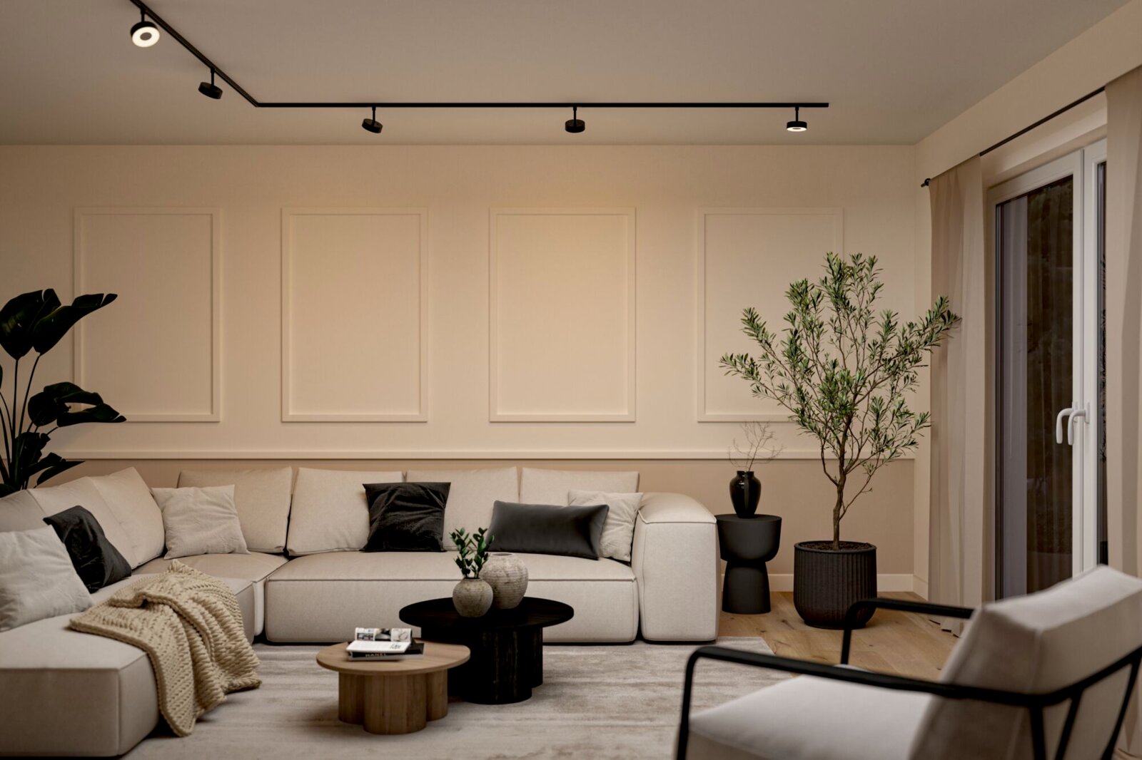 Modernes Wohnzimmer mit beigem Ecksofa, runden Couchtischen und schwarzer Decken-Schienenbeleuchtung, frontal aus leicht erhöhter Perspektive aufgenommen.