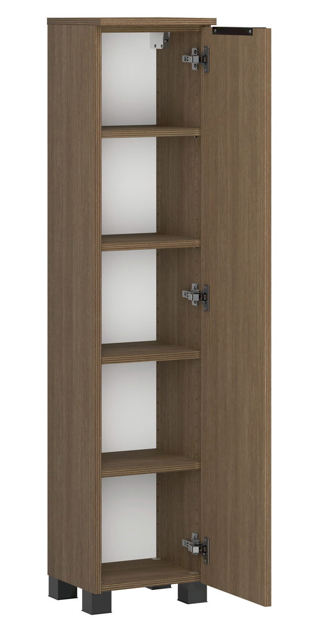 Offener Midischrank aus Holz mit vier Einlegeböden, Perspektive von vorne rechts