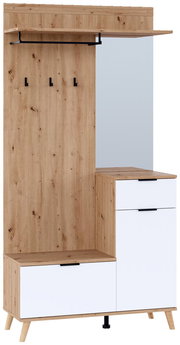 Kompaktgarderobe aus Holz mit Spiegel, Haken und Stauraum, frontale Ansicht