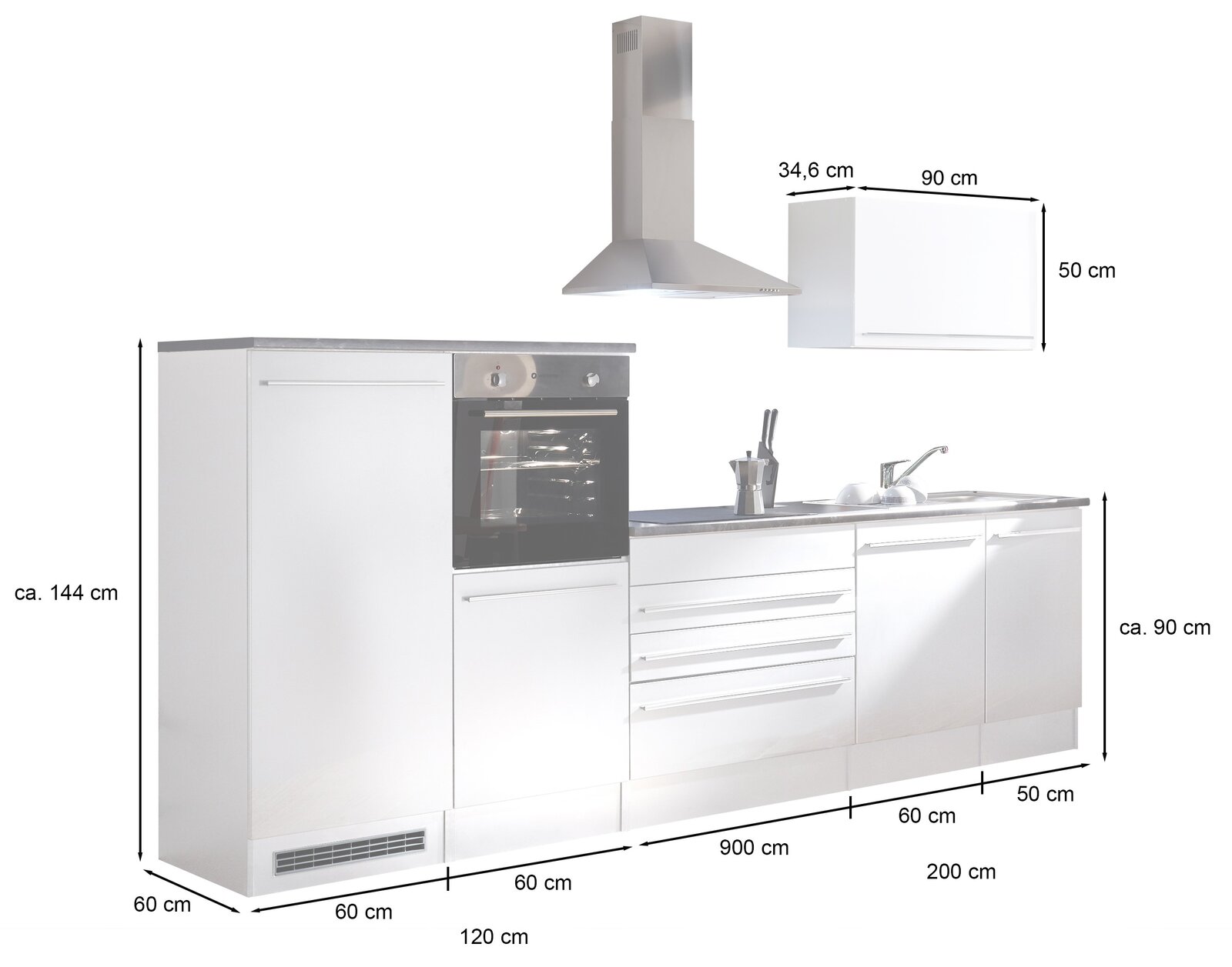 Küchenblock 320 in moderner Frontansicht mit integriertem Backofen, Dunstabzugshaube und Spüle, Maße ca. 320 cm Breite, 144 cm Höhe.