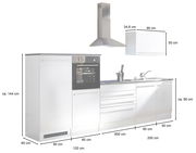 Küchenblock 320 in moderner Frontansicht mit integriertem Backofen, Dunstabzugshaube und Spüle, Maße ca. 320 cm Breite, 144 cm Höhe.