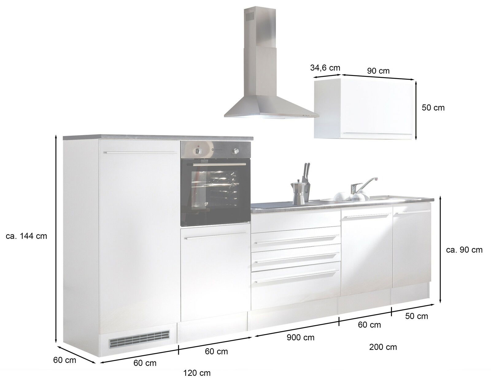 Küchenblock 320 in moderner Frontansicht mit integriertem Backofen, Dunstabzugshaube und Spüle, Maße ca. 320 cm Breite, 144 cm Höhe.