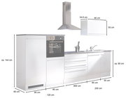 Küchenblock 320 in moderner Frontansicht mit integriertem Backofen, Dunstabzugshaube und Spüle, Maße ca. 320 cm Breite, 144 cm Höhe.