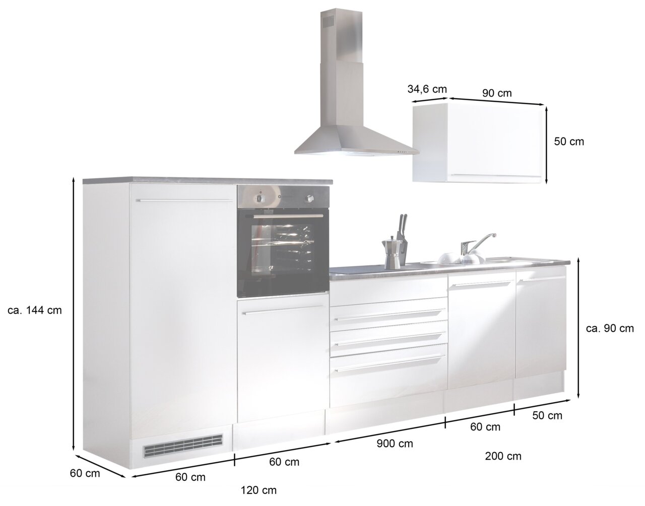 Keukenblok 320 in modern vooraanzicht met ingebouwde oven, afzuigkap en spoelbak, afmetingen ca. 320 cm breed, 144 cm hoog.