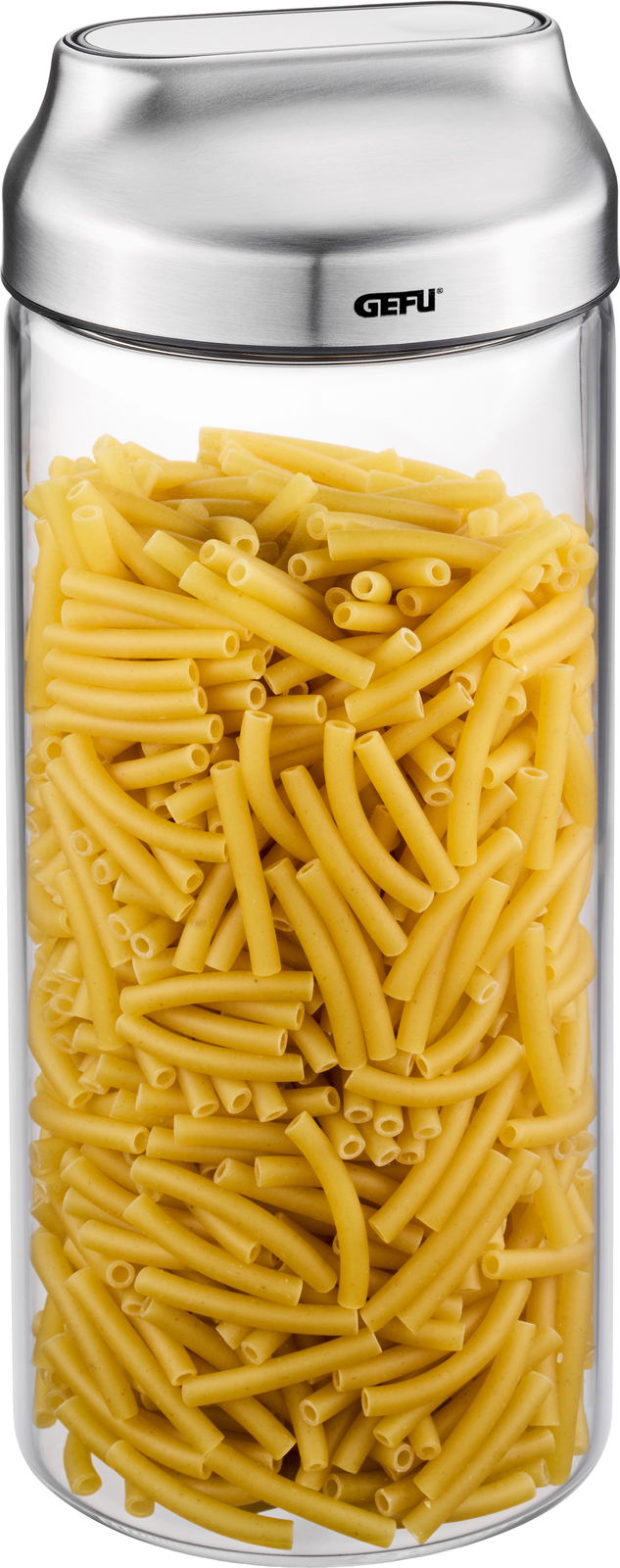 GEFU Vorratsdose KIPPO Vorratsdose aus Glas mit Edelstahl-Deckel, gefüllt mit gelben Nudeln, aus der Frontalperspektive.