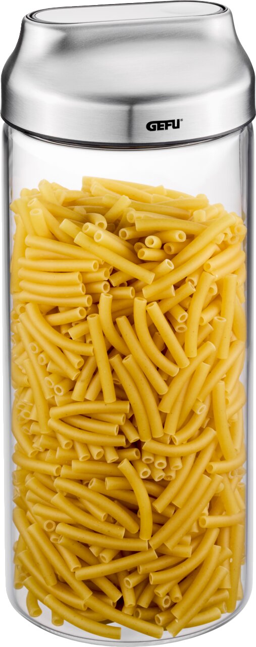GEFU Vorratsdose KIPPO Vorratsdose aus Glas mit Edelstahl-Deckel, gefüllt mit gelben Nudeln, aus der Frontalperspektive.