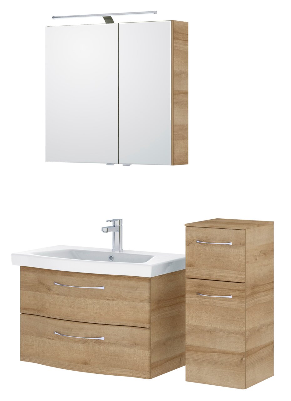 Badezimmermöbel-Set in Holzoptik mit Spiegelschrank, Waschbeckenunterschrank und Hochschrank, Frontalansicht