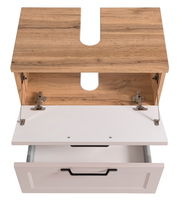 Waschbeckenunterschrank aus Holz mit geöffneter Schublade und Klappe, Ansicht von oben