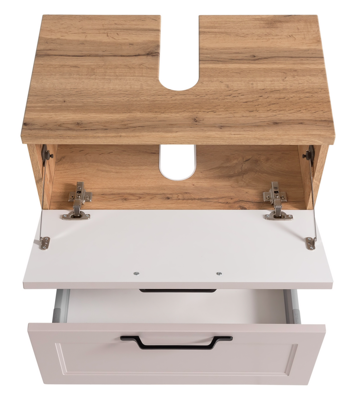 Waschbeckenunterschrank aus Holz mit geöffneter Schublade und Klappe, Ansicht von oben