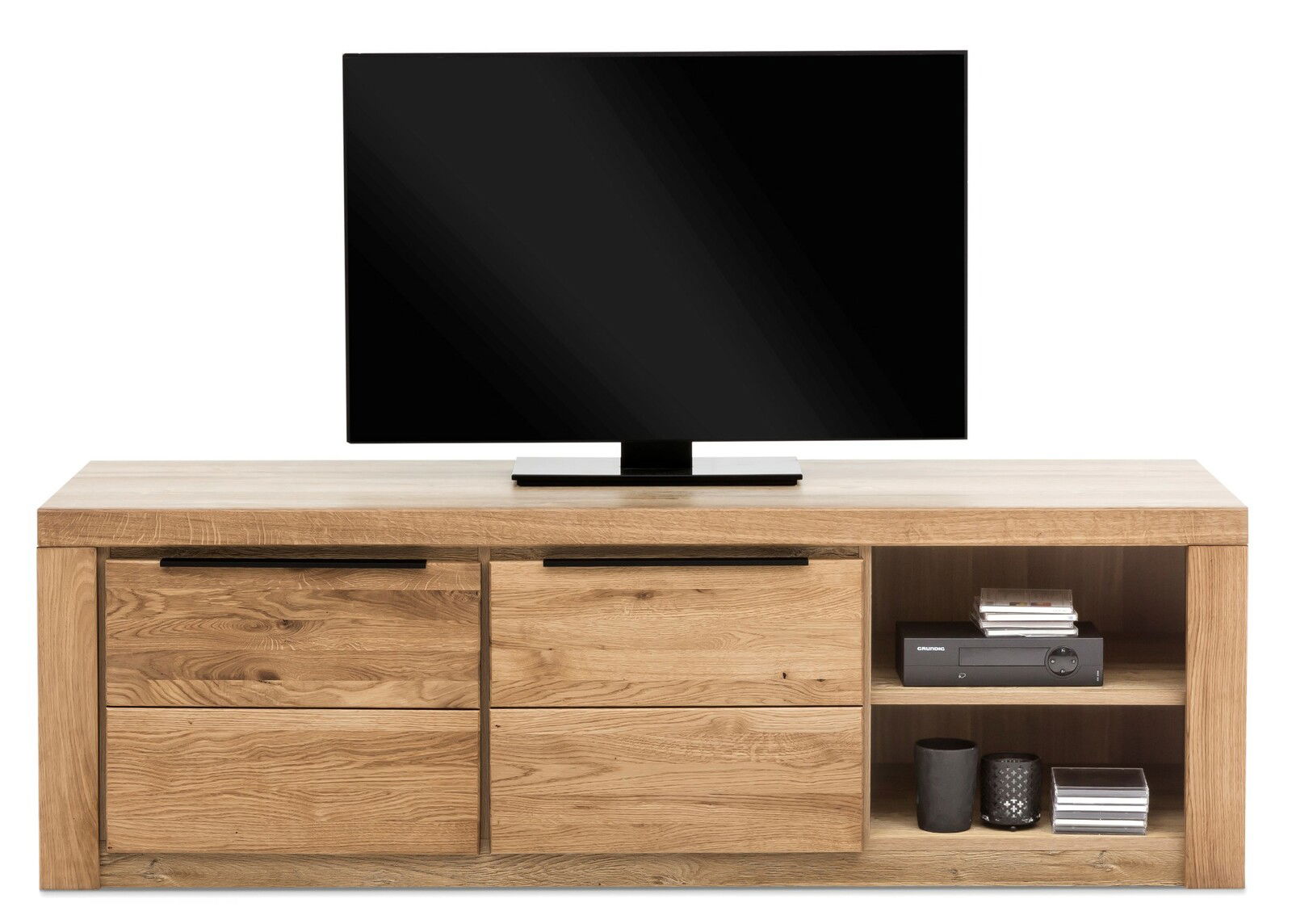 TV-Lowboard aus Holz mit zwei Schubladen und offenen Regalfächern, frontal betrachtet.
