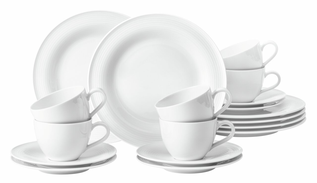 Seltmann Weiden Kaffeeservice 18-tlg. BEAT Weißes 18-teiliges Kaffeeset Beat mit Tassen, Untertassen und Tellern, seitliche Perspektive