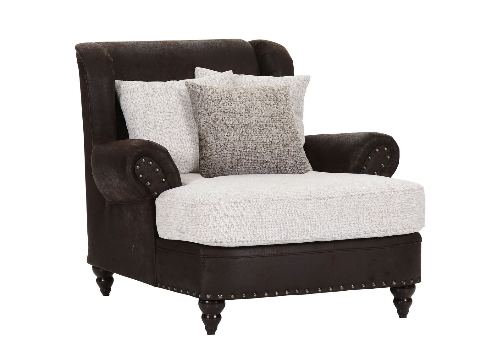 Megaohrensessel in braunem Lederlook mit hellen Kissen, seitliche Perspektive