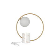 Moderne Tischleuchte Lyon mit rundem, goldenem Rahmen und weißem Kugelschirm, frontal abgebildet.