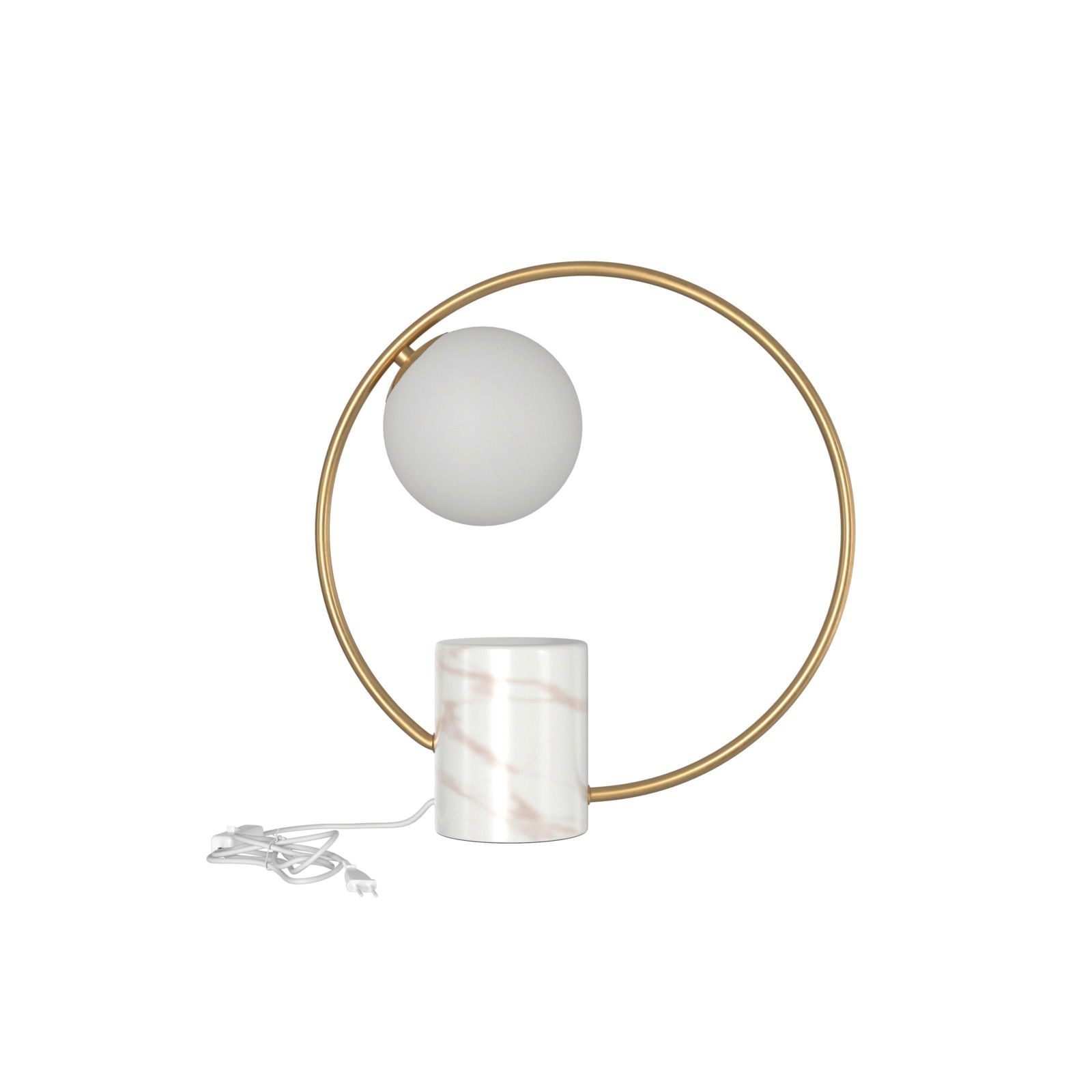 Moderne Tischleuchte Lyon mit rundem, goldenem Rahmen und weißem Kugelschirm, frontal abgebildet.