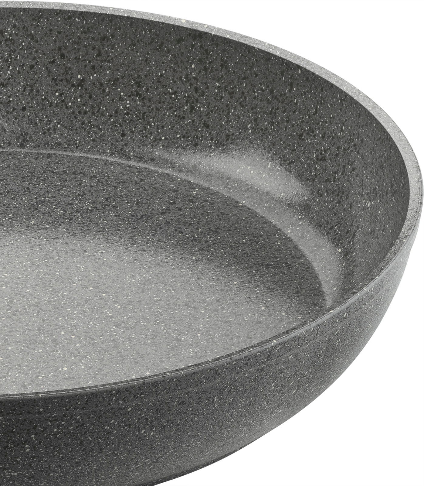 Nahaufnahme einer grauen Bratpfanne mit 24 cm Durchmesser, seitliche Perspektive