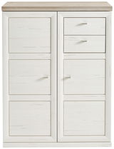 Weiße Aktenkommode 3OH breit mit mehreren Schubladen und Türen, frontal abgebildet.