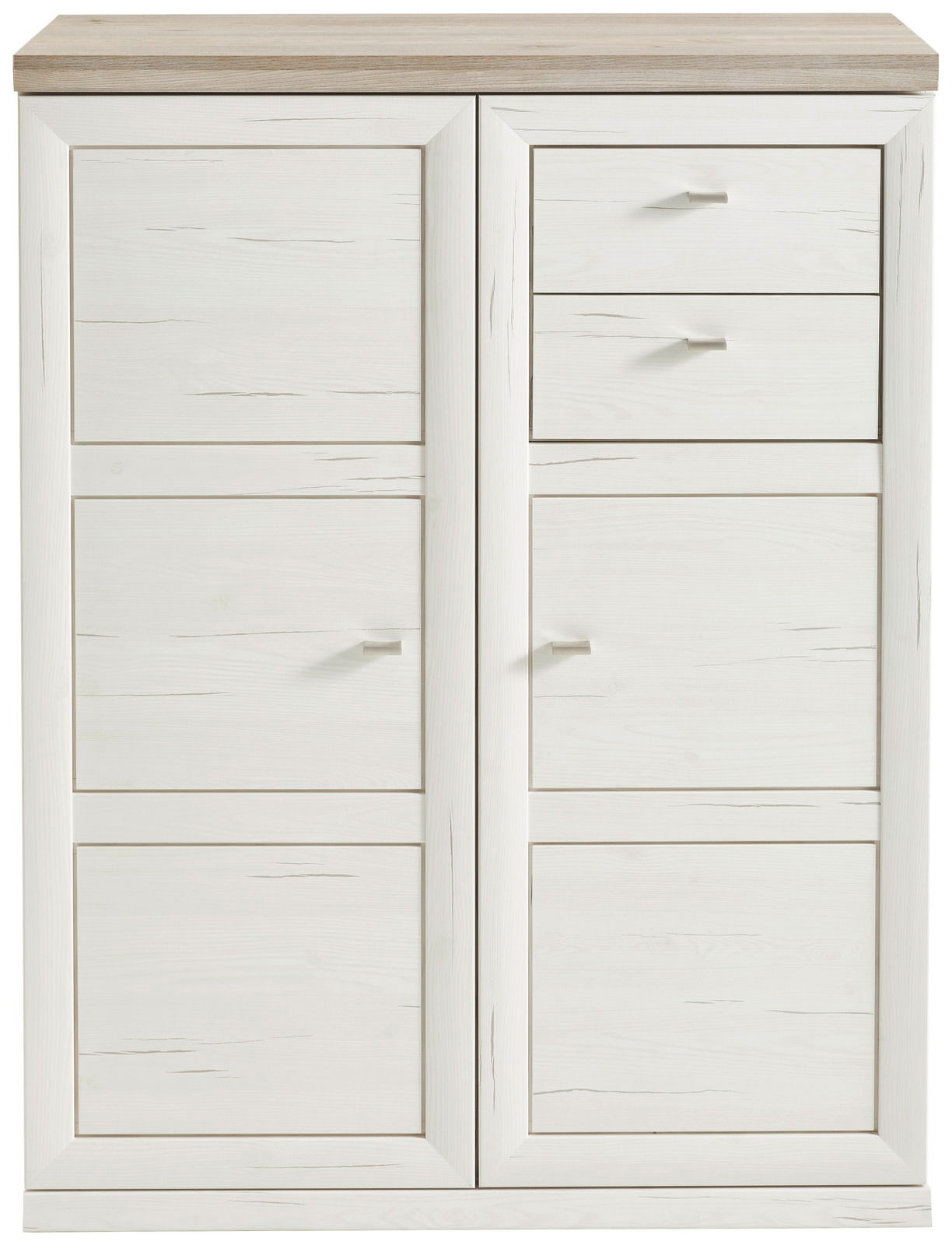 Weiße Aktenkommode 3OH breit mit mehreren Schubladen und Türen, frontal abgebildet.