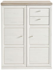 Weiße Aktenkommode 3OH breit mit mehreren Schubladen und Türen, frontal abgebildet.