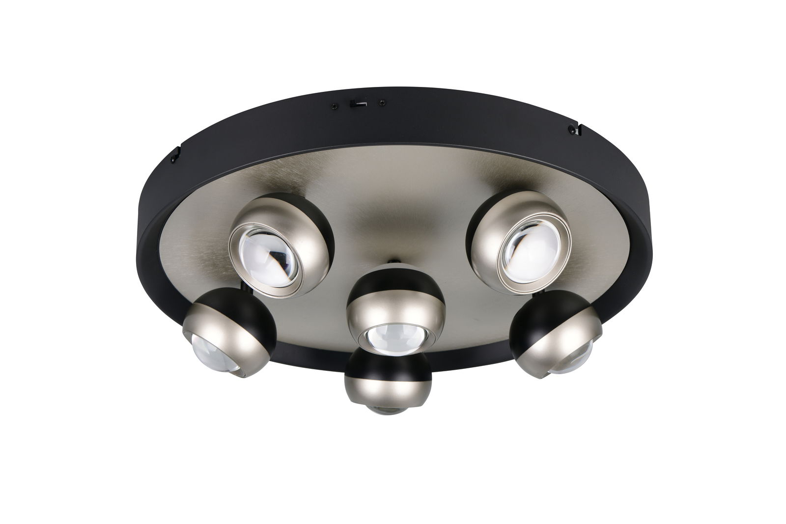 Moderne Deckenleuchte mit fünf kugelförmigen Strahlern, seitliche Perspektive