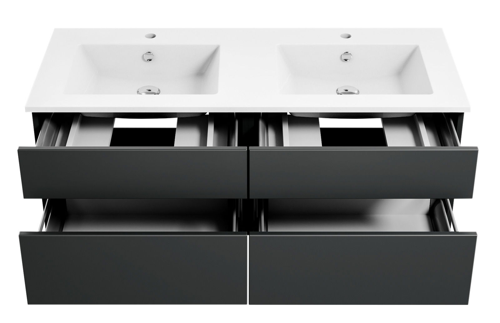 Moderne Badkombination mit zwei Waschbecken und vier offenen Schubladen, Ansicht von vorne