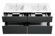 Moderne Badkombination mit zwei Waschbecken und vier offenen Schubladen, Ansicht von vorne