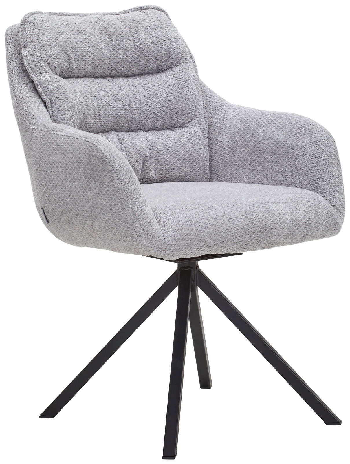 Linea Natura Armlehnstuhl COMO Grauer Armlehnstuhl mit gepolstertem Sitz und Rückenlehne, auf schwarzem Metallgestell, seitliche Perspektive