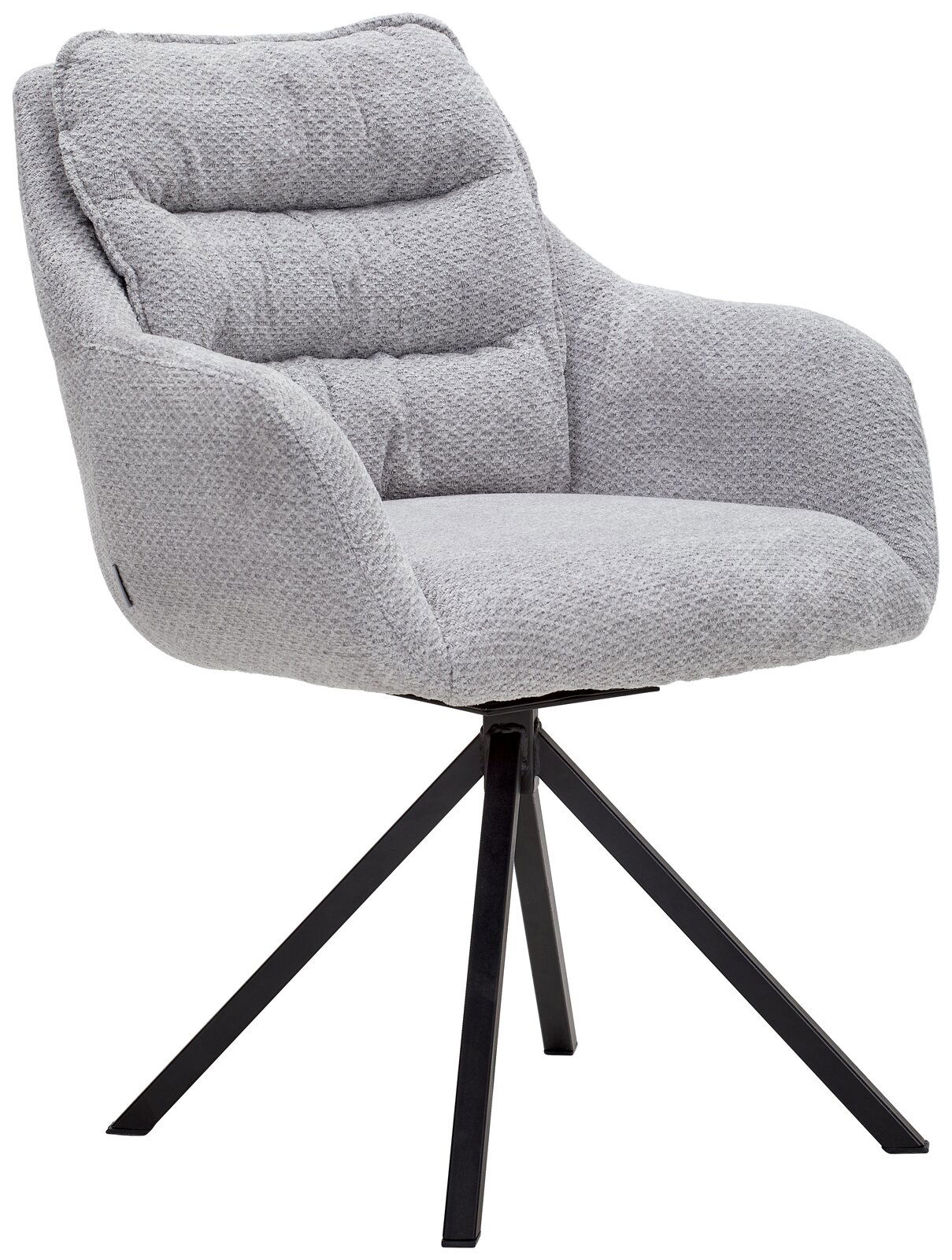Grauer Armlehnstuhl mit gepolstertem Sitz und Rückenlehne, auf schwarzem Metallgestell, seitliche Perspektive