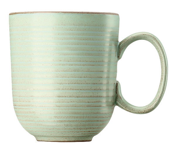 Thomas Kaffeebecher NATURE Grüner Becher mit Henkel, seitliche Perspektive, mit horizontalen Streifen.