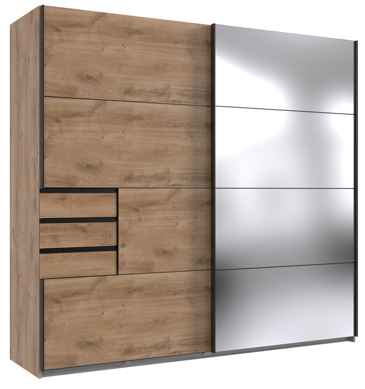 Z2 Schwebetürenschrank 2trg. SAIGON Schwebetürenschrank mit zwei Türen, linke Seite in Holzoptik mit Schubladen, rechte Seite mit verspiegelter Oberfläche, Frontalansicht.