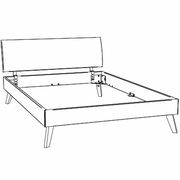 Skizze eines Bettgestells mit Kopfteil, perspektivisch von vorne links betrachtet.