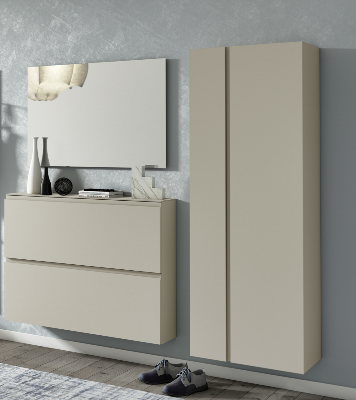 Moderano Garderoben-Set LECCO Garderobenset in modernem Design mit zwei Hängeschränken und einem großen Spiegel, seitliche Perspektive