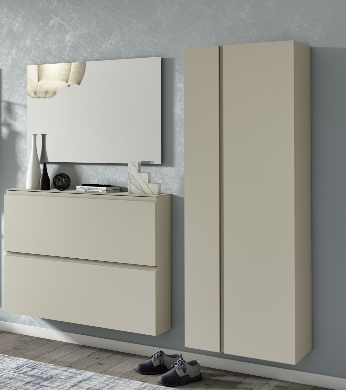Garderobenset in modernem Design mit zwei Hängeschränken und einem großen Spiegel, seitliche Perspektive
