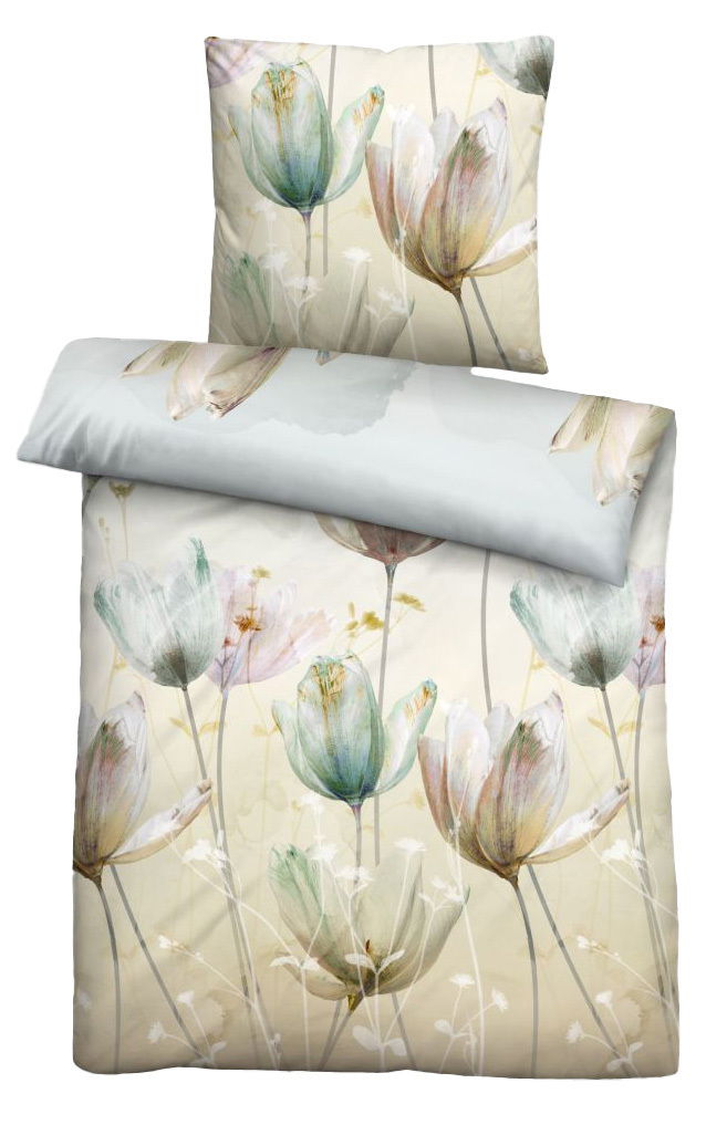 Biberna Bettwäsche Bettwäsche-Set mit floralem Design in sanften Pastelltönen, bestehend aus einem Kissenbezug und einem Bettdeckenbezug, aus der Vogelperspektive fotografiert.