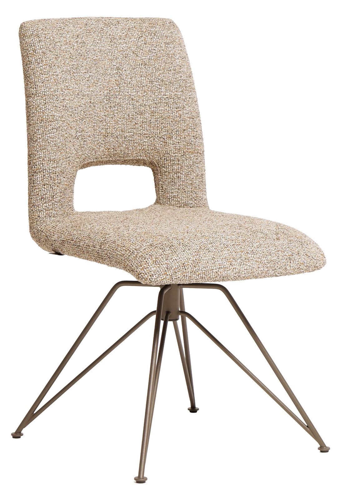 Moderner Stuhl mit gepolsterter Sitzfläche und Rückenlehne in beige, auf Metallbeinen. Seitenansicht.
