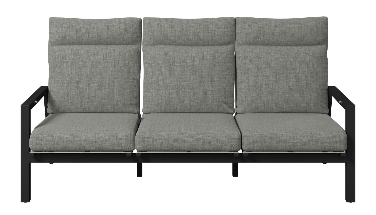 Gartenbank 3er mit grauen Kissen und schwarzem Metallrahmen, Frontalansicht
