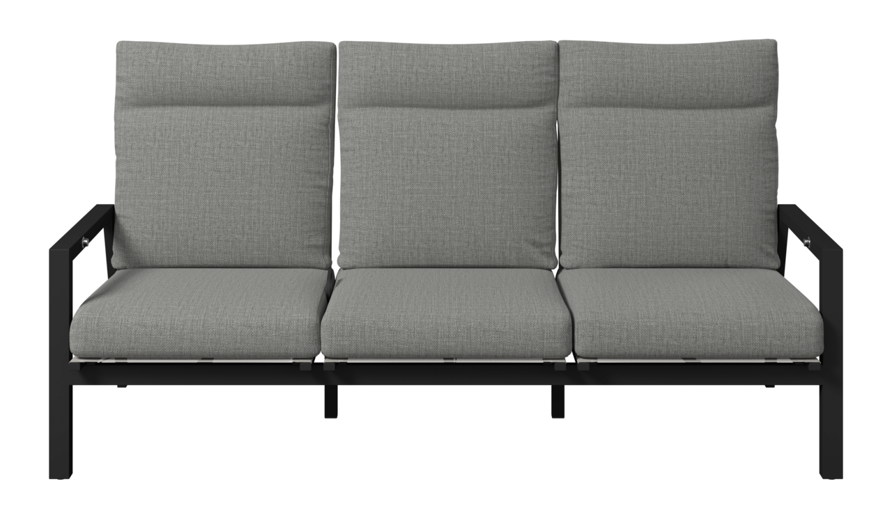 Gartenbank 3er mit grauen Kissen und schwarzem Metallrahmen, Frontalansicht