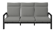 Gartenbank 3er mit grauen Kissen und schwarzem Metallrahmen, Frontalansicht