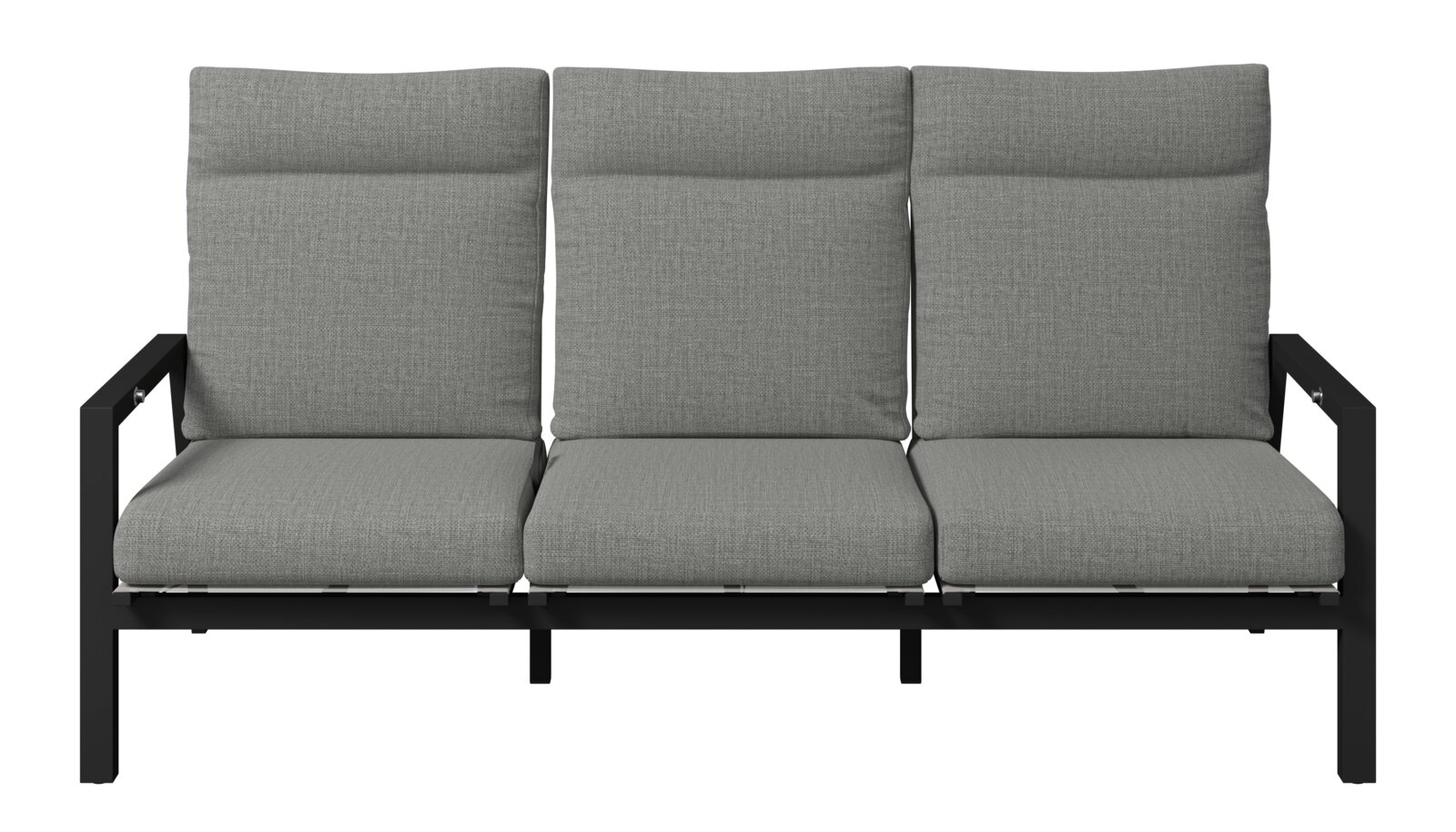 Gartenbank 3er mit grauen Kissen und schwarzem Metallrahmen, Frontalansicht