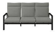 Gartenbank 3er mit grauen Kissen und schwarzem Metallrahmen, Frontalansicht