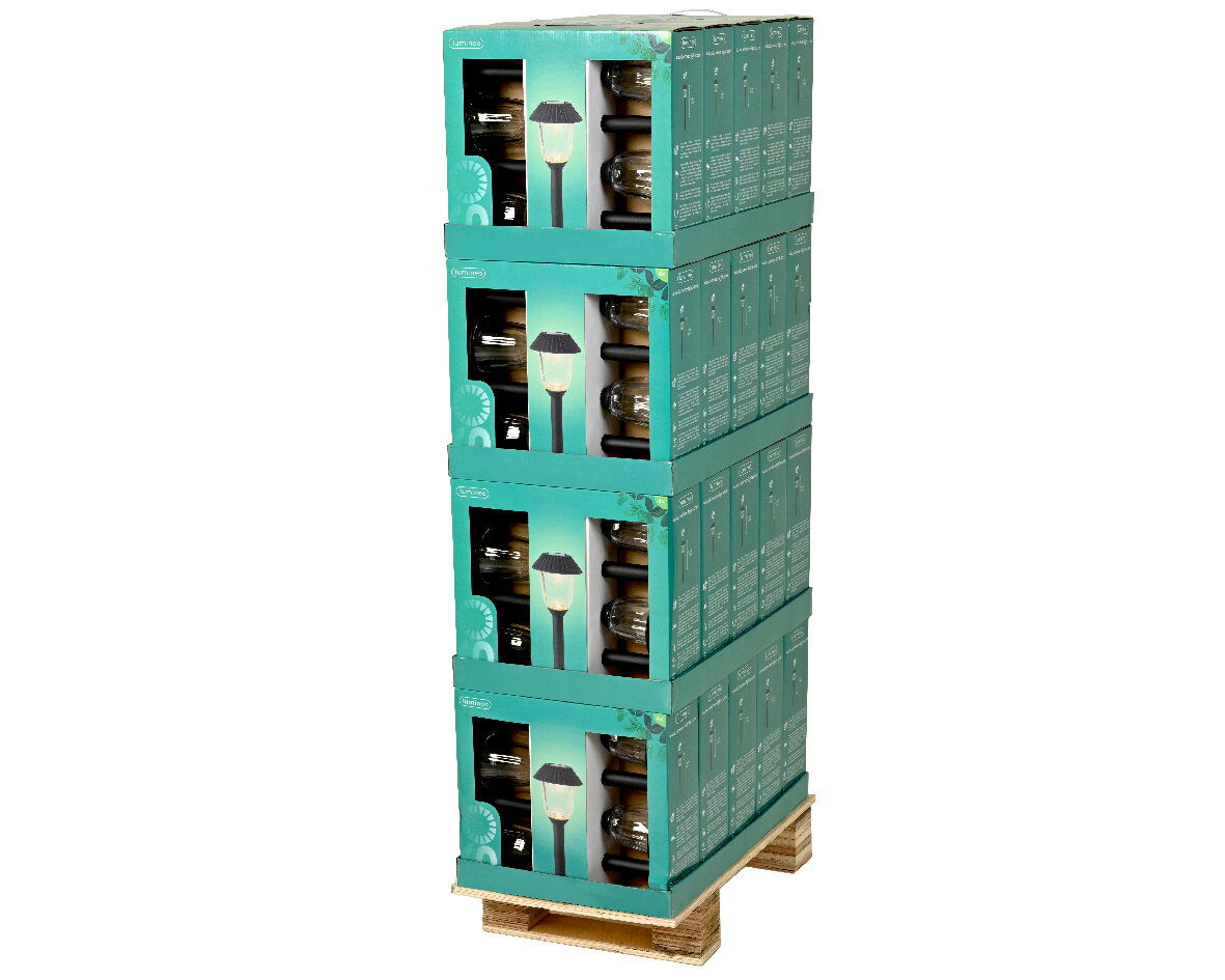 Palette mit mehreren Kartons der Solar Stabbeleuchtung, seitliche Perspektive