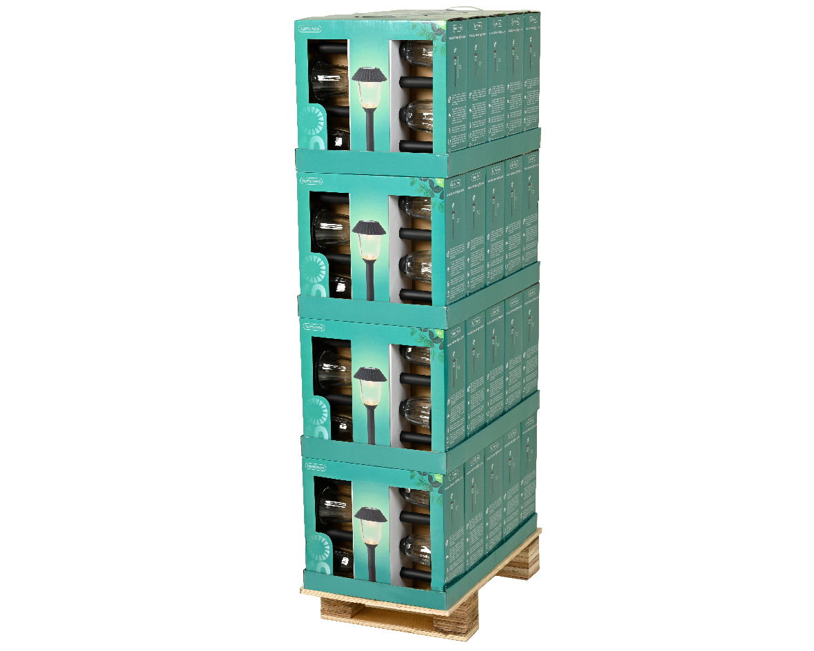 Palette mit mehreren Kartons der Solar Stabbeleuchtung, seitliche Perspektive