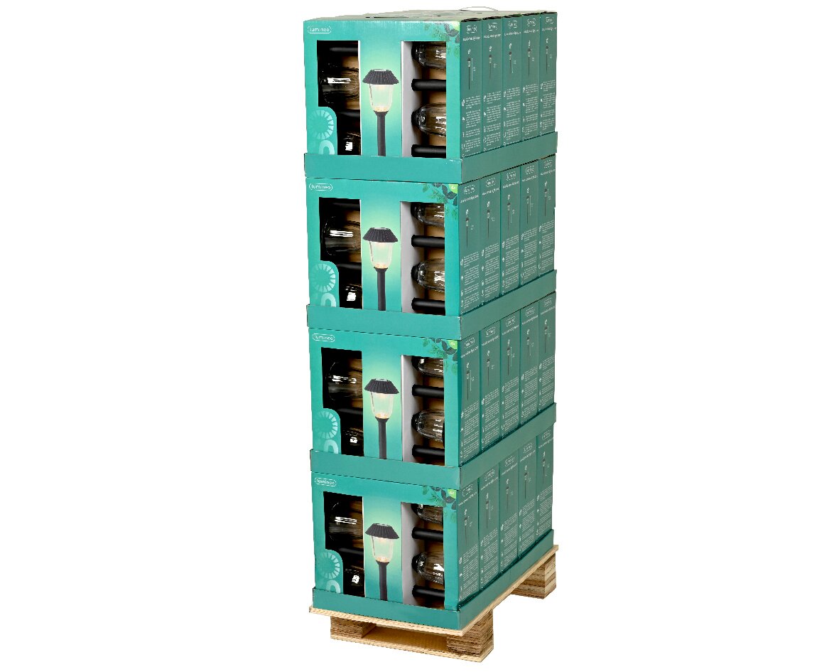 Pallet met meerdere dozen met zonne-energie-staafverlichting, zijaanzicht