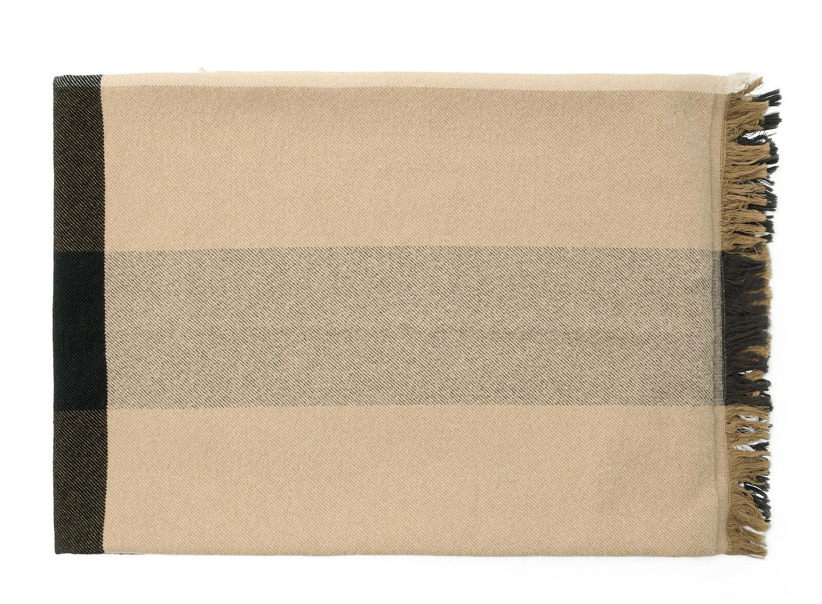 Plaid in Beige mit schwarzen Streifen und Fransen, Draufsicht