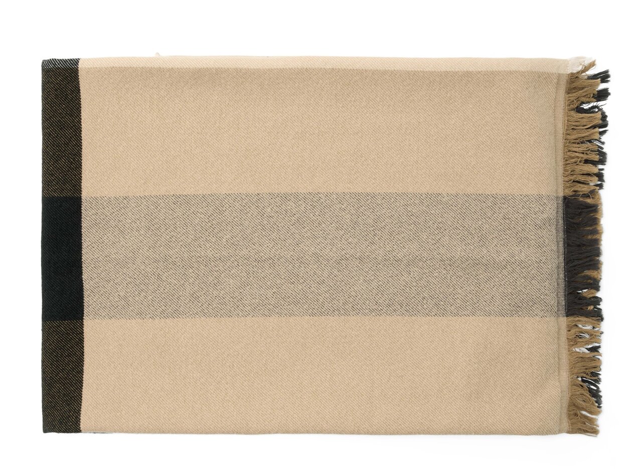 Plaid in Beige mit schwarzen Streifen und Fransen, Draufsicht