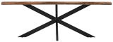 Moderner Esstisch mit einer Tischplatte aus Holz und einem schwarzen Metallgestell in X-Form, frontal betrachtet.